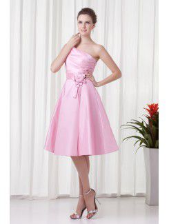 Taffeta One-Shoulder Corset Knee-Length Hand-made Flower Cocktail Dress