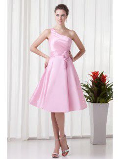 Taffeta One-Shoulder Corset Knee-Length Hand-made Flower Cocktail Dress