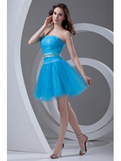 Satin and Net Strapless A-line Short Sash Cocktail Dress