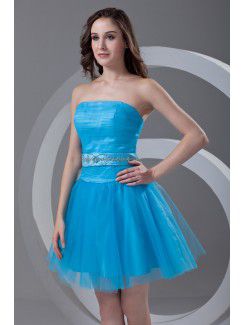 Satin and Net Strapless A-line Short Sash Cocktail Dress