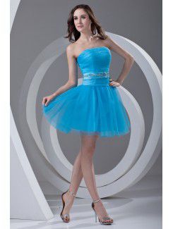 Satin and Net Strapless A-line Short Sash Cocktail Dress