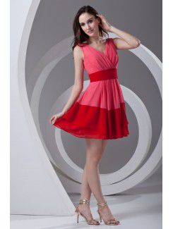 Chiffon V-Neckline Column Short Sash Cocktail Dress