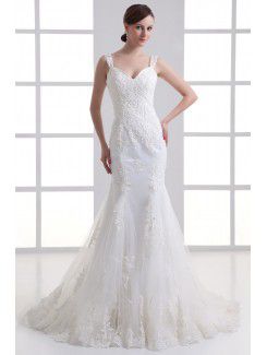 Satin and Net Straps Sheath Sweep Train Embroidered Wedding Dress