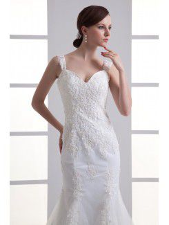 Satin and Net Straps Sheath Sweep Train Embroidered Wedding Dress