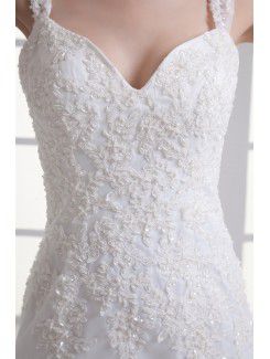 Satin and Net Straps Sheath Sweep Train Embroidered Wedding Dress