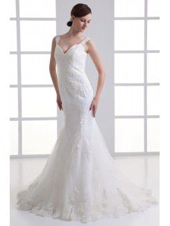 Satin and Net Straps Sheath Sweep Train Embroidered Wedding Dress