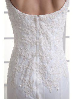 Satin and Net Straps Sheath Sweep Train Embroidered Wedding Dress