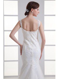 Satin and Net Straps Sheath Sweep Train Embroidered Wedding Dress