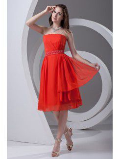 Chiffon Strapless A-line Knee Length Sash Prom Dress