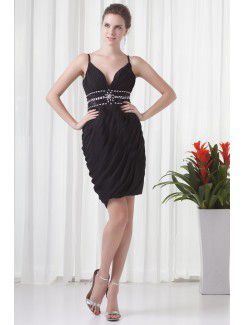 Chiffon V-Neckline Column Short Directionally Ruched Cocktail Dress