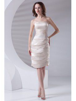 Satin Strapless Sheath Knee Length Embroidered Cocktail Dress