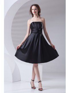 Satin Strapless A-line Knee-Length Hand-made Flower Prom Dress