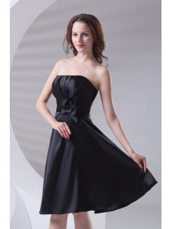 Satin Strapless A-line Knee-Length Hand-made Flower Prom Dress