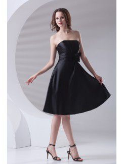 Satin Strapless A-line Knee-Length Hand-made Flower Prom Dress