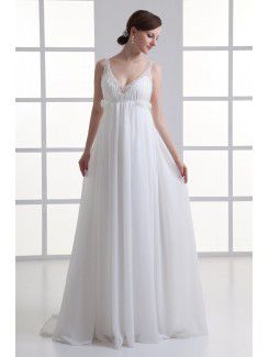 Chiffon V-Neckline Column Floor Length Embroidered Wedding Dress