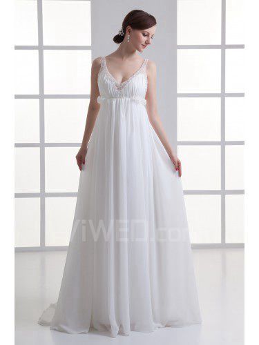 Chiffon V-Neckline Column Floor Length Embroidered Wedding Dress