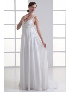 Chiffon V-Neckline Column Floor Length Embroidered Wedding Dress