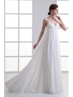 Chiffon V-Neckline Column Floor Length Embroidered Wedding Dress