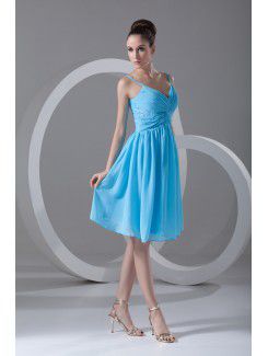 Chiffon Spaghetti Knee Length Column Embroidered Cocktail Dress