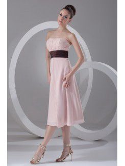 Chiffon Strapless Tea Length Column Cocktail Dress