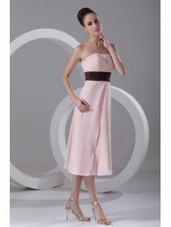 Chiffon Strapless Tea Length Column Cocktail Dress