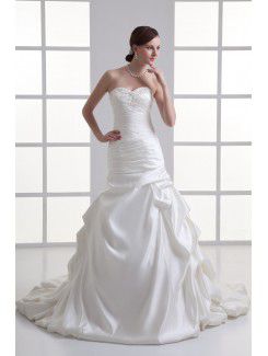 Satin Strapless Sheath Sweep Train Embroidered Wedding Dress