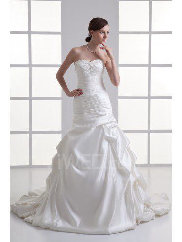 Satin Strapless Sheath Sweep Train Embroidered Wedding Dress