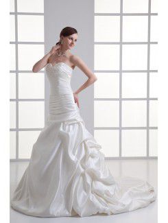 Satin Strapless Sheath Sweep Train Embroidered Wedding Dress