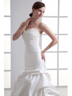 Satin Strapless Sheath Sweep Train Embroidered Wedding Dress