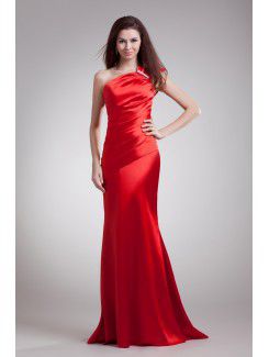 Satin One-Shoulder Floor Length Sheath Embroidered Cocktail Dress