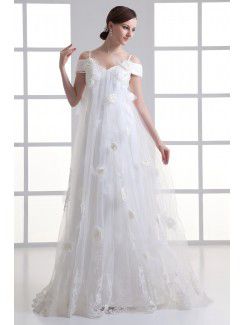 Satin und net spaghetti spalte sweep zug brautkleid bestickt