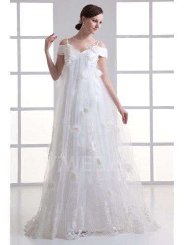 Satin and Net Spaghetti Column Sweep Train Embroidered Wedding Dress