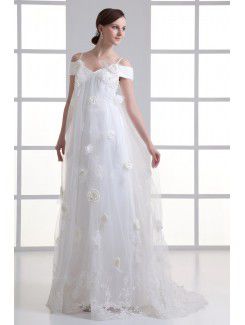 Satin and Net Spaghetti Column Sweep Train Embroidered Wedding Dress