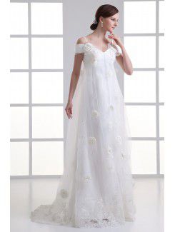 Satin and Net Spaghetti Column Sweep Train Embroidered Wedding Dress