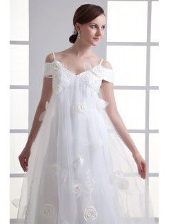 Satin and Net Spaghetti Column Sweep Train Embroidered Wedding Dress