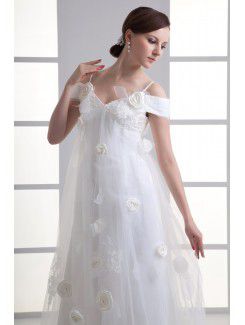 Satin and Net Spaghetti Column Sweep Train Embroidered Wedding Dress