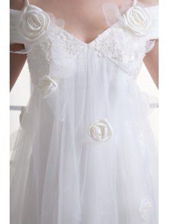 Satin and Net Spaghetti Column Sweep Train Embroidered Wedding Dress