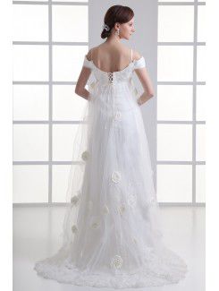 Satin and Net Spaghetti Column Sweep Train Embroidered Wedding Dress