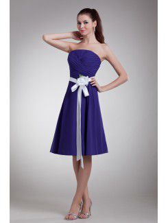 Chiffon Strapless Knee Length A-line Sash Cocktail Dress