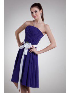 Chiffon Strapless Knee Length A-line Sash Cocktail Dress