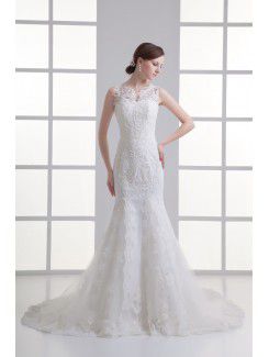 Satin and Net Jewel Sheath Sweep Train Embroidered Wedding Dress