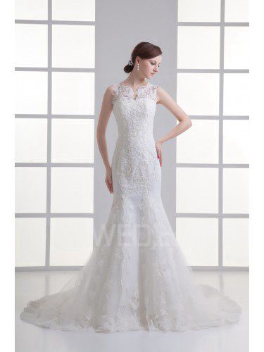 Satin and Net Jewel Sheath Sweep Train Embroidered Wedding Dress