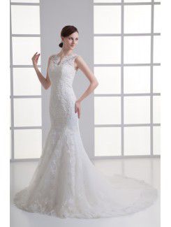 Satin and Net Jewel Sheath Sweep Train Embroidered Wedding Dress