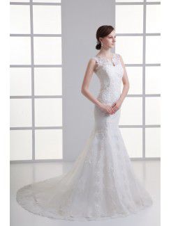 Satin and Net Jewel Sheath Sweep Train Embroidered Wedding Dress