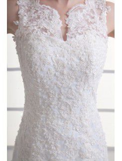 Satin and Net Jewel Sheath Sweep Train Embroidered Wedding Dress