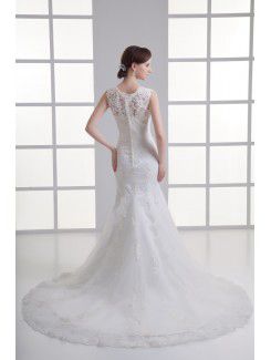 Satin and Net Jewel Sheath Sweep Train Embroidered Wedding Dress