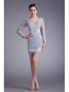 Organza v-cou colonne brodé robe de cocktail courte