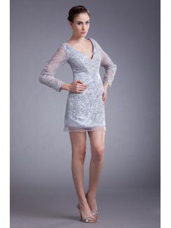 Organza V-Neck Short Column Embroidered Cocktail Dress