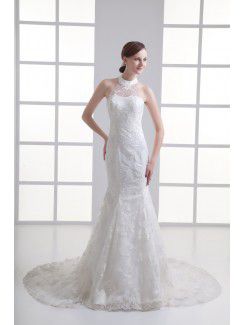 Satin and Net Halter Sheath Sweep Train Embroidered Wedding Dress