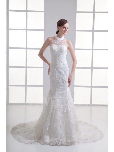 Satin and Net Halter Sheath Sweep Train Embroidered Wedding Dress